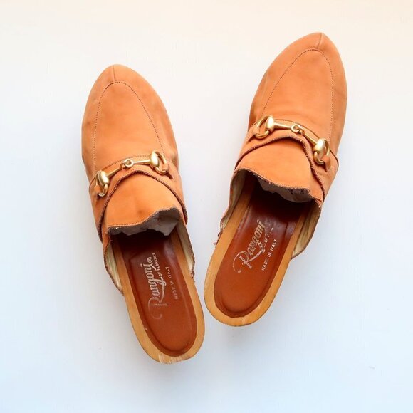 Rangonii of Florence Italian Tan Leather Gold Horse-bit Wooden Clogs / Mules 9 - Picture 13 of 16